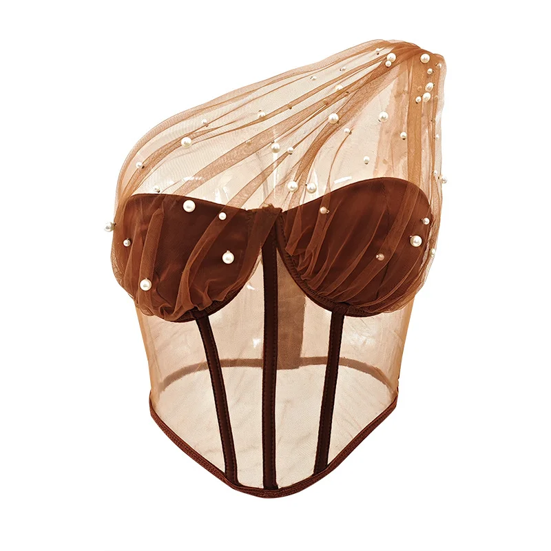 Churchf Churchf Style Tulle Lace Mesh Perspective Sexy Pure Women's Jacket Pearl Nail Fishbone Corset