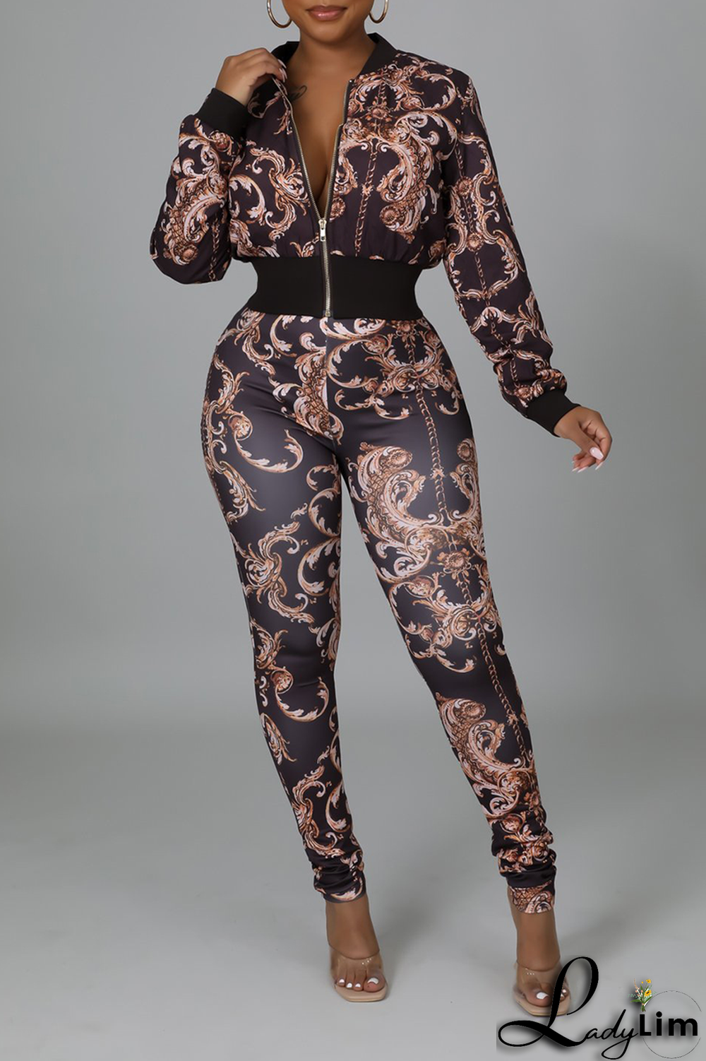 Colour Sexy Print Split Joint Zipper Collar Long Sleeve Two Pieces