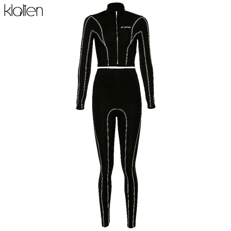 KLALIEN long sleeve zipper fashion reflective letters sportswear + leggings 2020 outfits women 2 pieces set fitness tracksuit