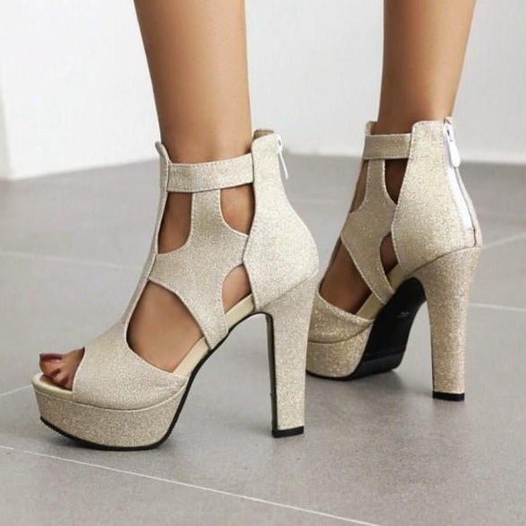 Peep toe side cutout chunky high heels sandals | Summer party heels