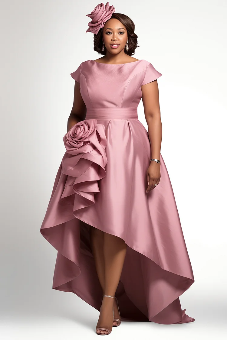 Xpluswear Design Plus Size Formal Pink Boat Neck Short Sleeve 3D Elegant High Low Hem Satin Midi Dresses [Pre-Order] 2024 - Xpluswear