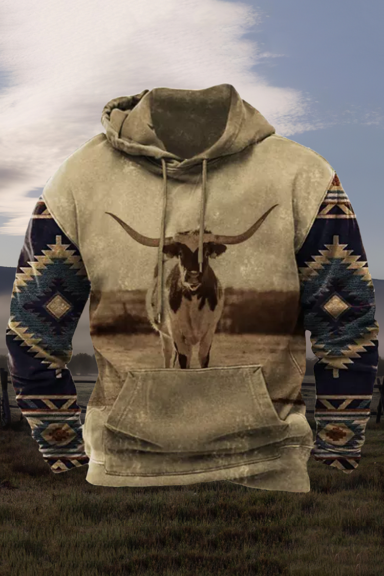 Western Tribal Cow Print Patchwork Vintage Hoodie
