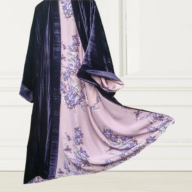 VChics Lined Printed Purple Casual Duster Kimono