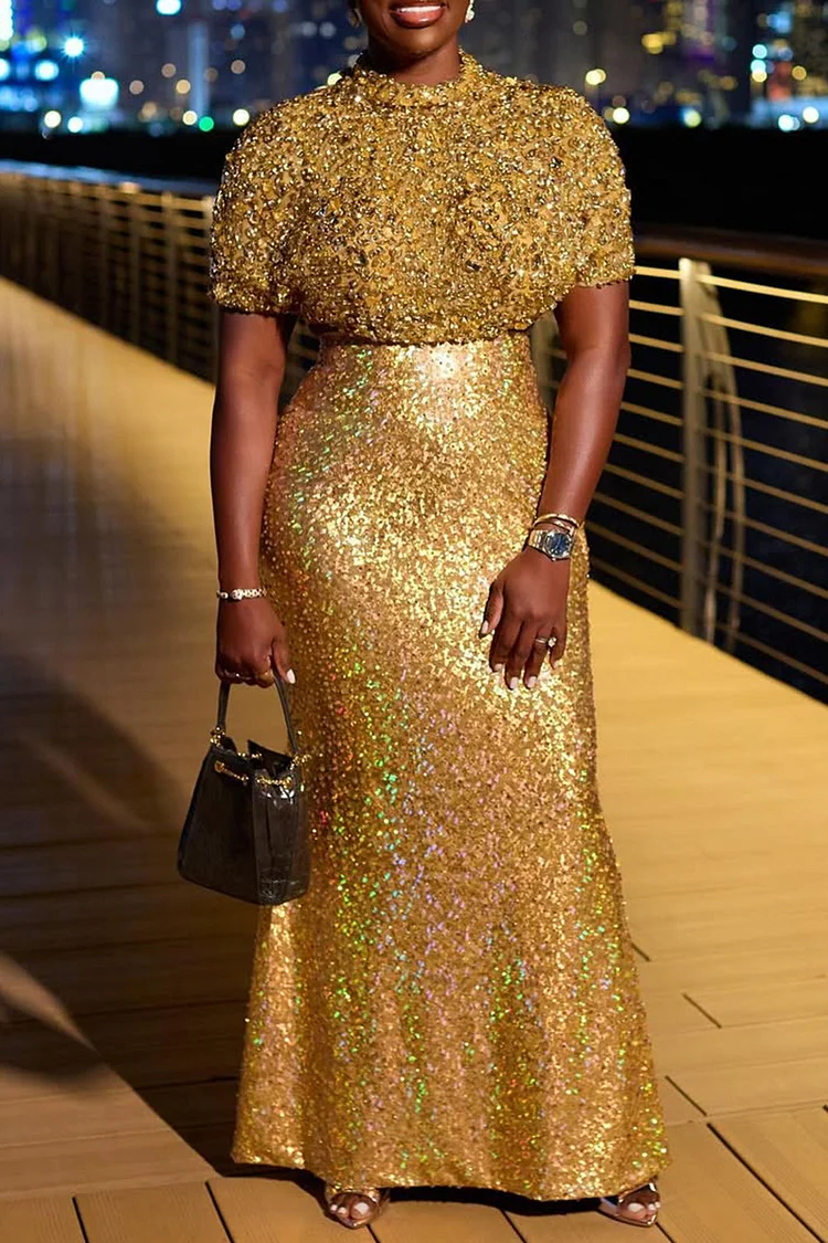 Plus Size Formal Gold Round Neck Short Sleeve Contrast Elegant Bodycon Sequin Maxi Dresses [Pre-Order]
