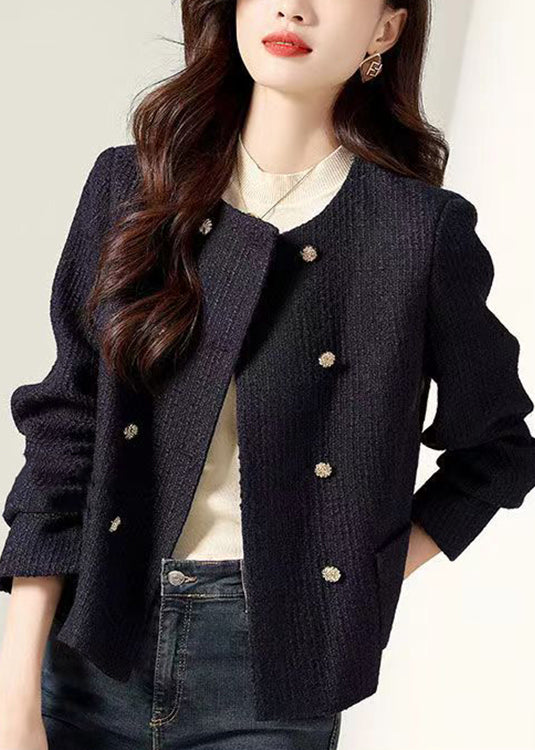 VCSHOES Black O Neck Double Breast Patchwork Cotton Coats Fall