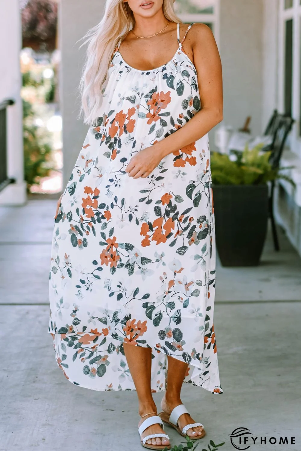 White Floral Print Spaghetti Straps Maxi Dress | IFYHOME