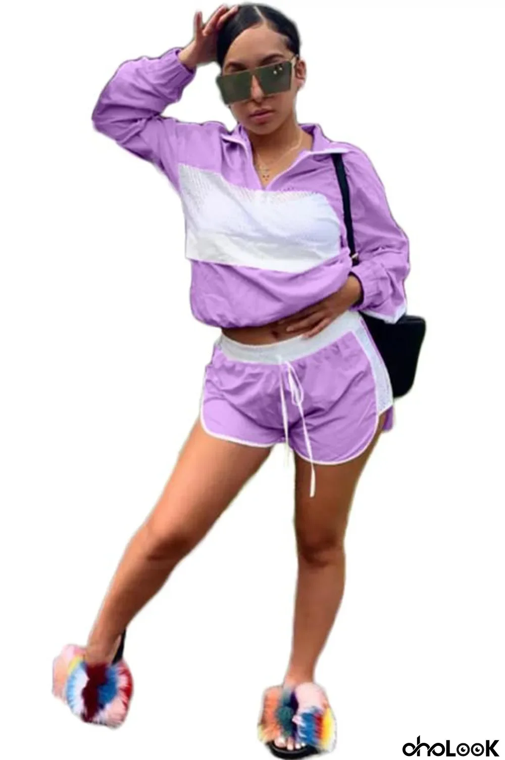 purple Polyester Sexy Fashion Solid Patchwork Straight Two-Piece Short Set