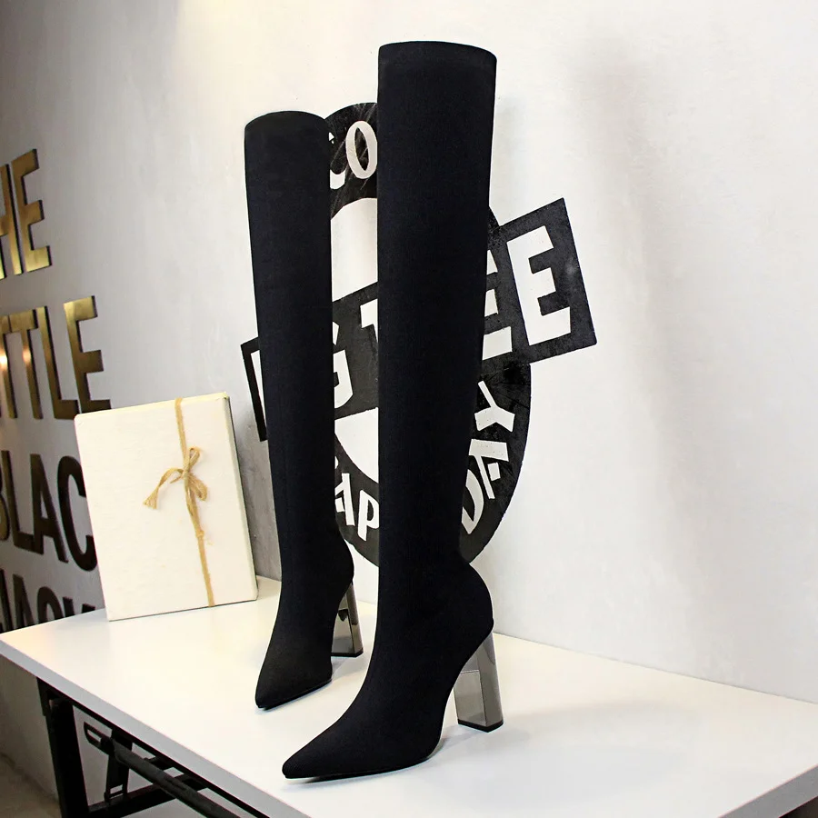 Zhungei Woman Long Boots Knee High Boots Square Metal Heel High Heeled Pointy Sexy Elasticity Thin Wool Boots