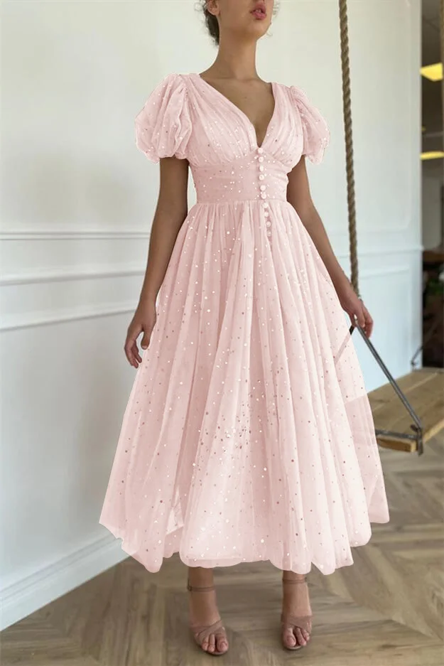 Miabel Elegant Pink V-Neck Short Sleeves Prom Dress With Sequins Taupe