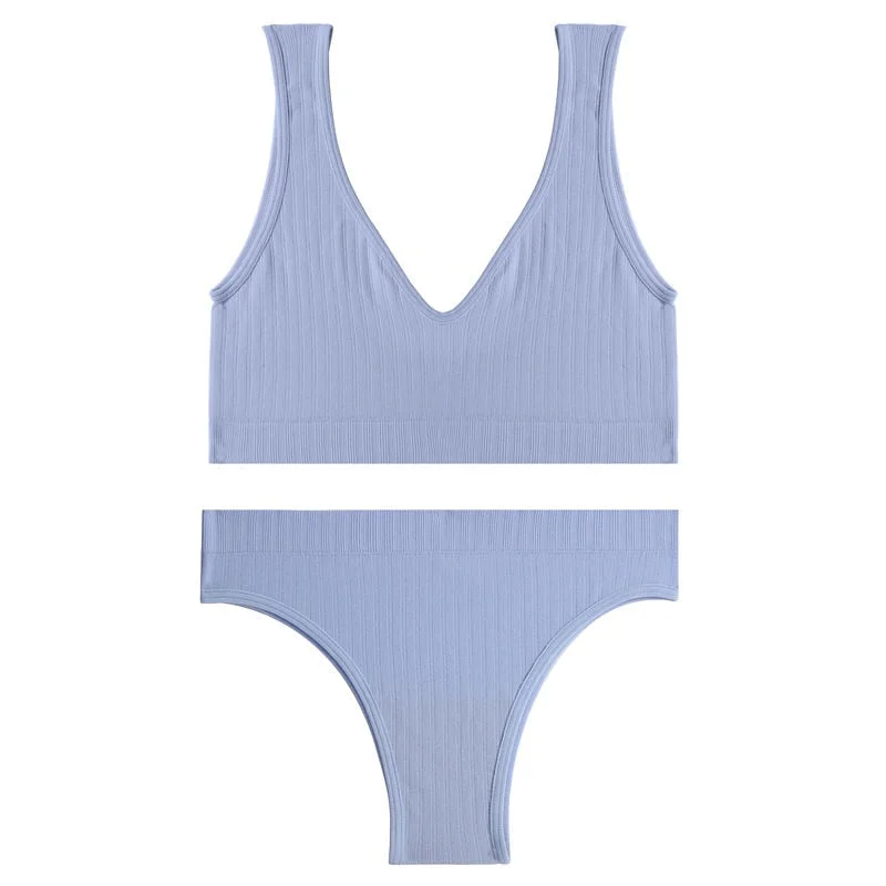 FINETOO Deep V Tops Panties Set Seamless Bralette Women M-XL Sexy Bra Set Backless Underwear Suit Girl Crop Top Underpants Set