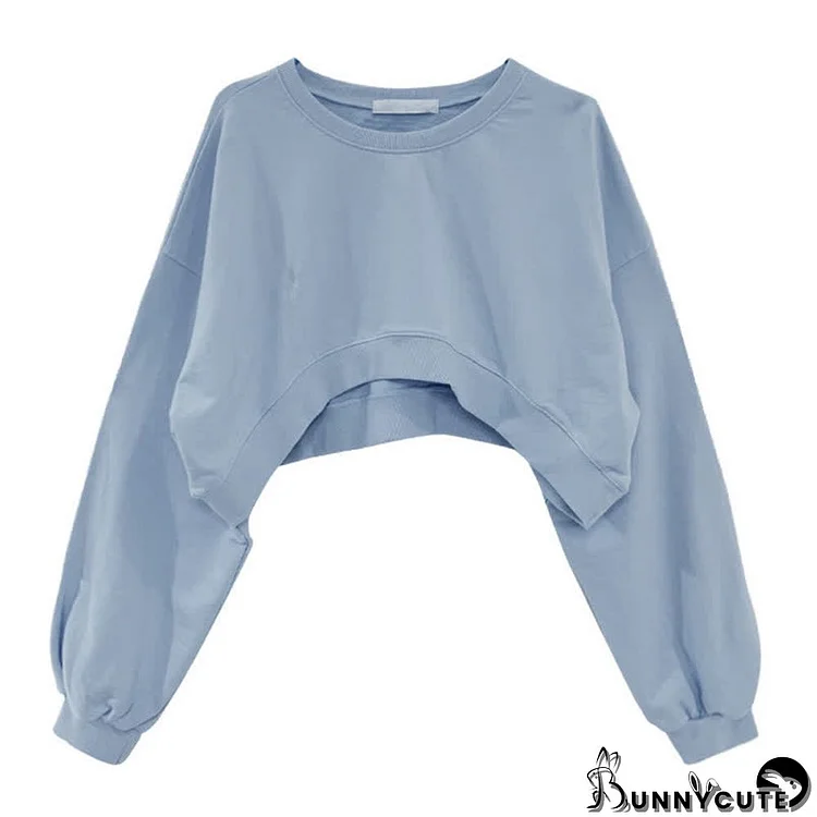 Pure Color Round Collar Loose Cropped Sweatshirt