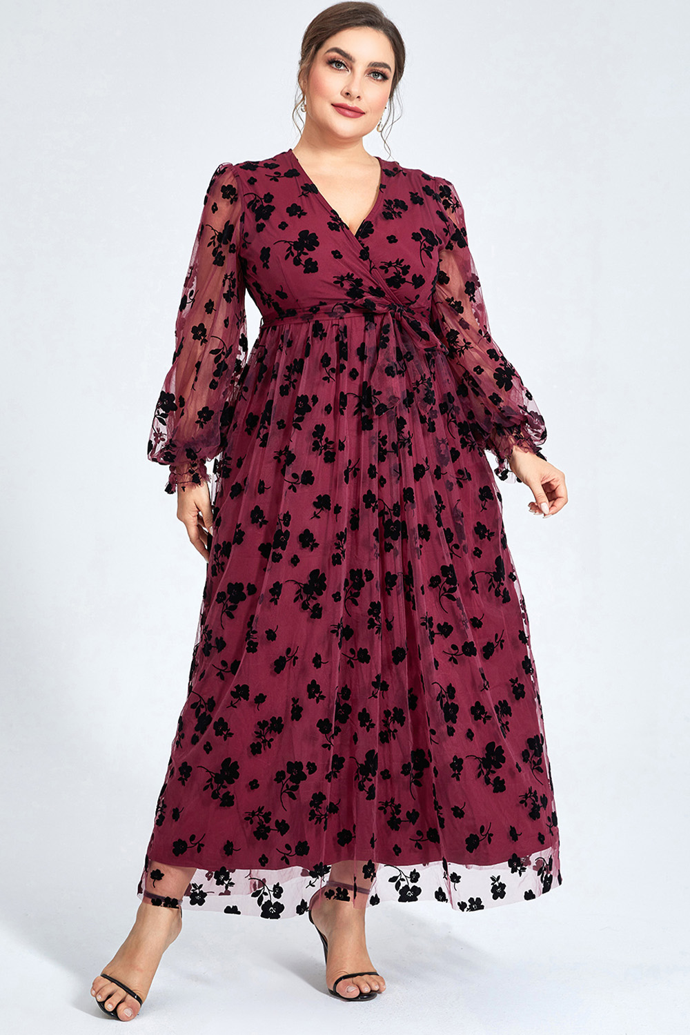Flycurvy Plus Size Semi Formal Burgundy Christmas Mesh Flocking V Neck Double-layer Hem Maxi Dress 2024 - Flycurvy 