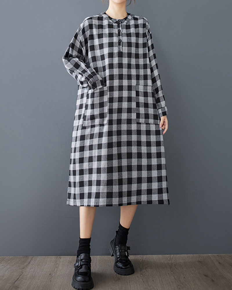 Checkered Pattern Front Pockets Round Neck Long Sleeve Midi Dress