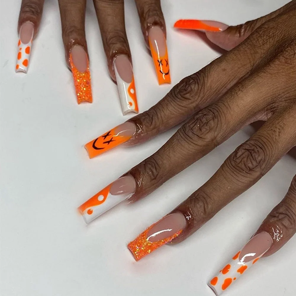 Pink Cow Design False Nail French Full Cover Long Coffin Fake Nails Glue DIY Manicure Nail Art Tools press on nails nail tips