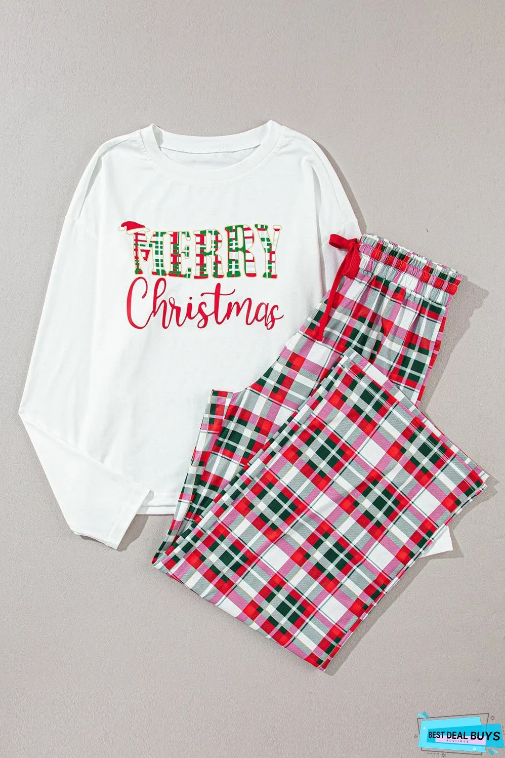 MERRY CHRISTMAS Round Neck Top and Plaid Pants Set