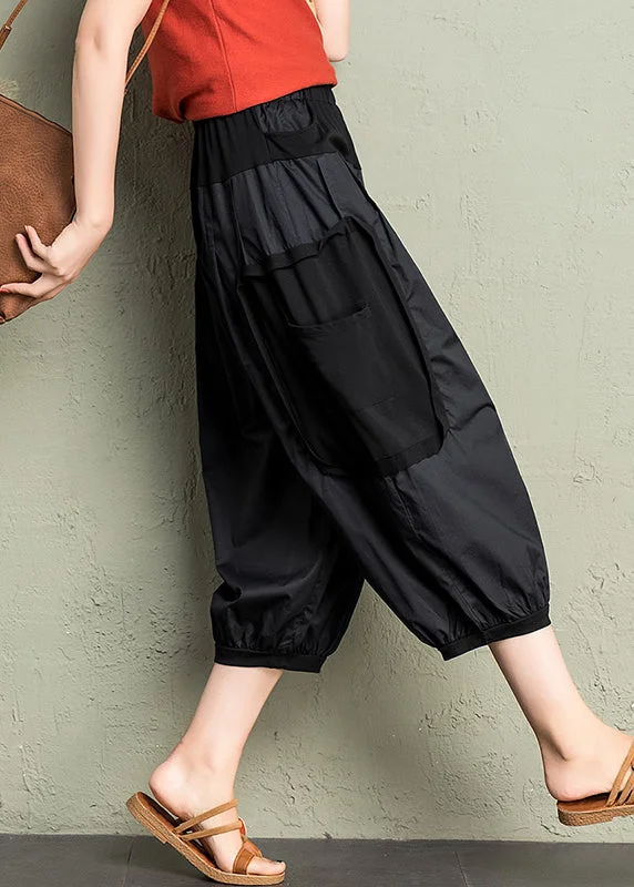 Casual Cozy Black Pockets Patchwork Cotton Lantern Pants Summer