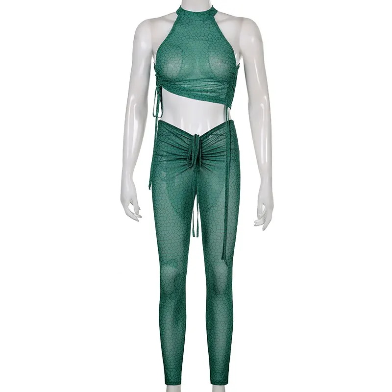 Brownm BIIKPIIK Mesh See-through Two Piece Sets Women Solid Sleeveless Tank Tops + Drawstring Pants Female Sexy Casual Matching Clothes