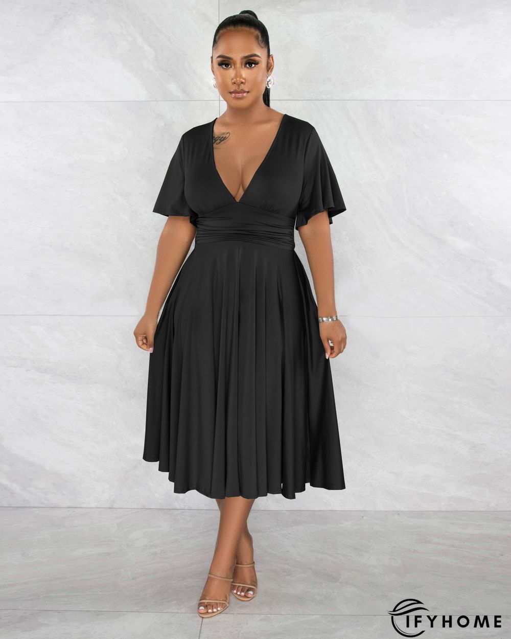 Fashion Solid Color V-neck Short-sleeved Waist Pleated Dress | IFYHOME