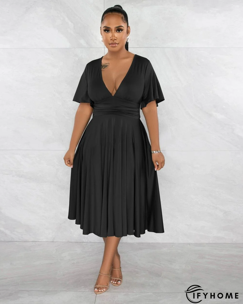 Fashion Solid Color V-neck Short-sleeved Waist Pleated Dress | IFYHOME