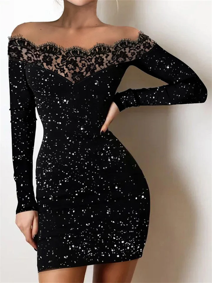 Women's Party Dress Lace Dress Bodycon Black Long Sleeve Pure Color Lace Fall Spring Off Shoulder Party Winter Dress Evening Party 2022 S M L XL XXL | 168DEAL