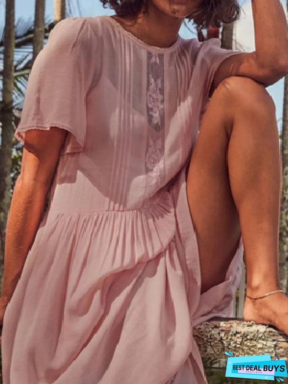 Plus Size Casual Crew Neck Lace Short Sleeve Loosen Short sleeve Woven Dress