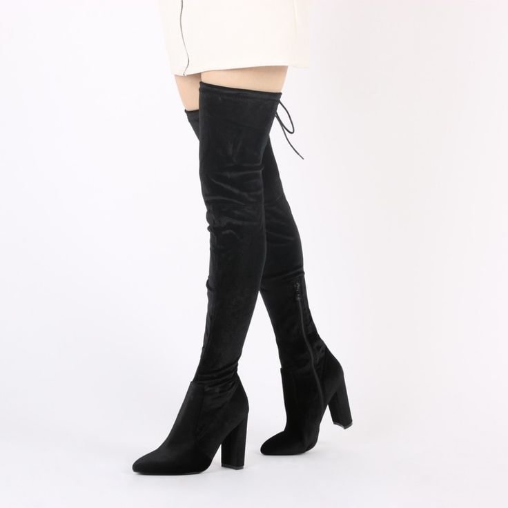 Women's Black Long Boots Chunky Heels Thigh-high Boots by FSJ Shoes |FSJ Shoes