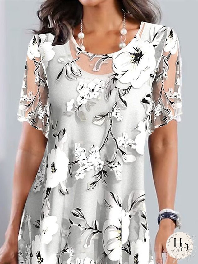 Casual Dress Chiffon Dress Summer Dress Floral Print Crew Neck Midi Dress Fashion Streetwear Outdoor Daily Short Sleeve Regular Fit Gray Summer Spring S M L XL XXL for Women