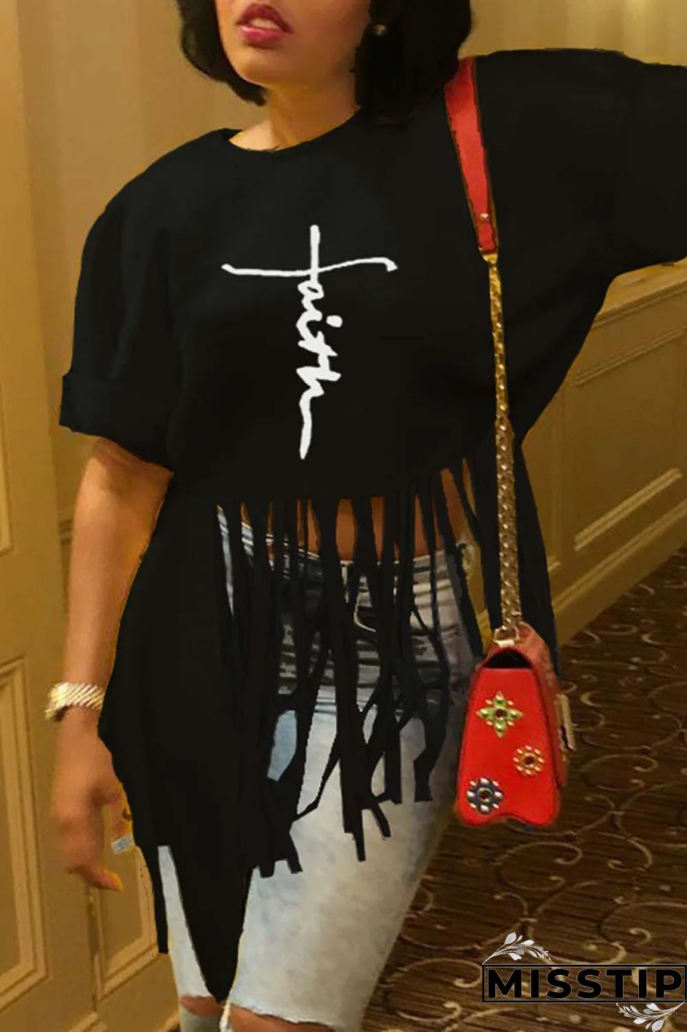 Black Casual Print Tassel Patchwork O Neck T-Shirts