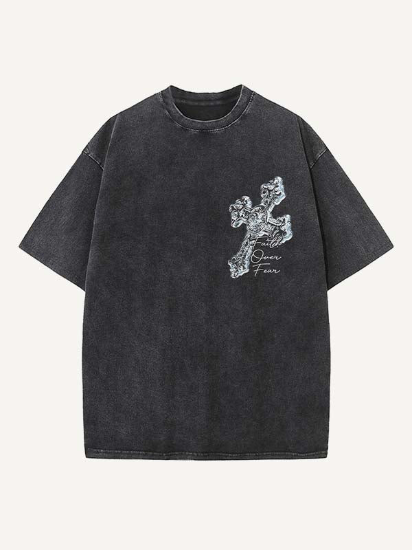 Distressed Washed Letter&Cross Print Round Neck T-shirt