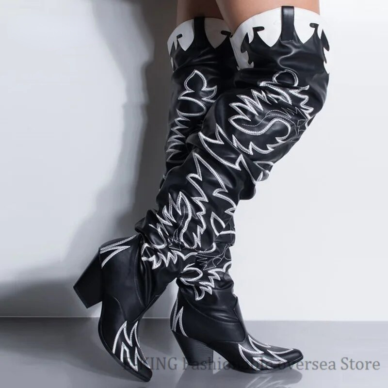 VCSHOES Women Faux Leather Over The Knee High Boots Embroidery Pointed Toe CowGirl Long Hoof Heels Boots Ladies Heeled Shoes