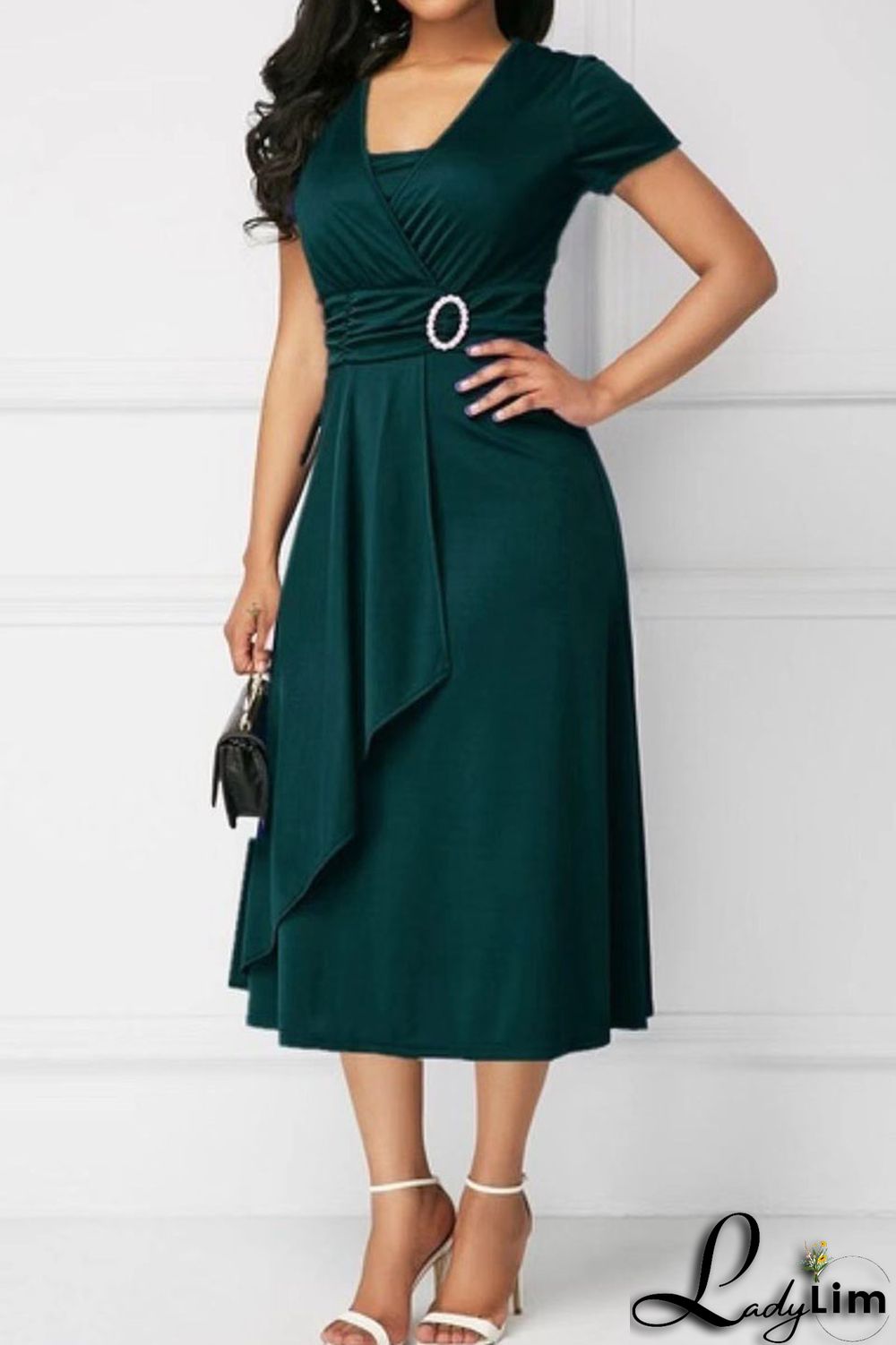 Blue Casual Solid Patchwork V Neck A Line Dresses