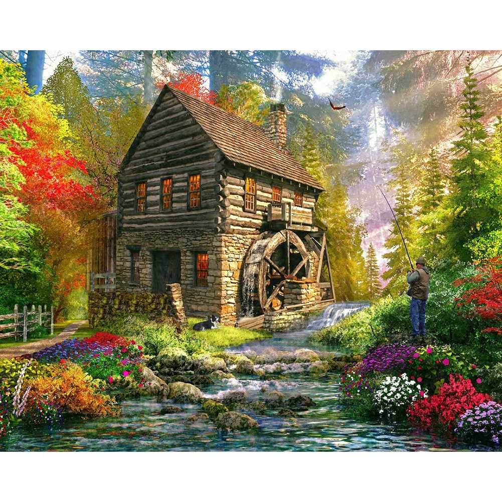 

50*40CM - Round Drill Diamond Painting - Forest Cabin, 501 Original