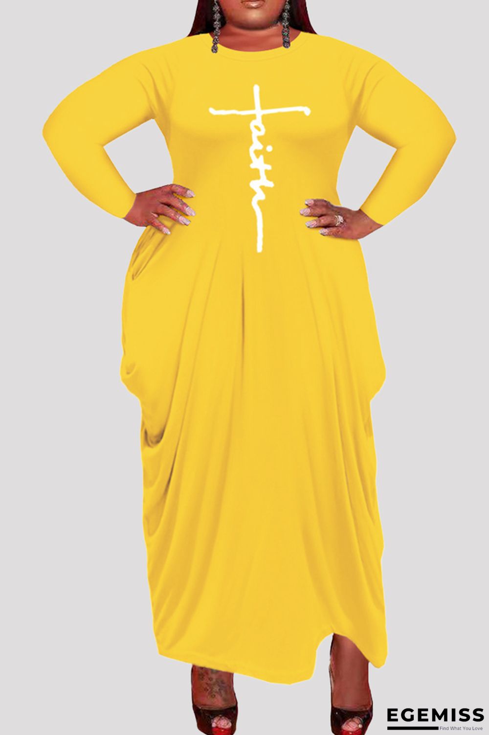 Yellow Fashion Casual Plus Size Print Asymmetrical O Neck Long Sleeve Dresses | EGEMISS