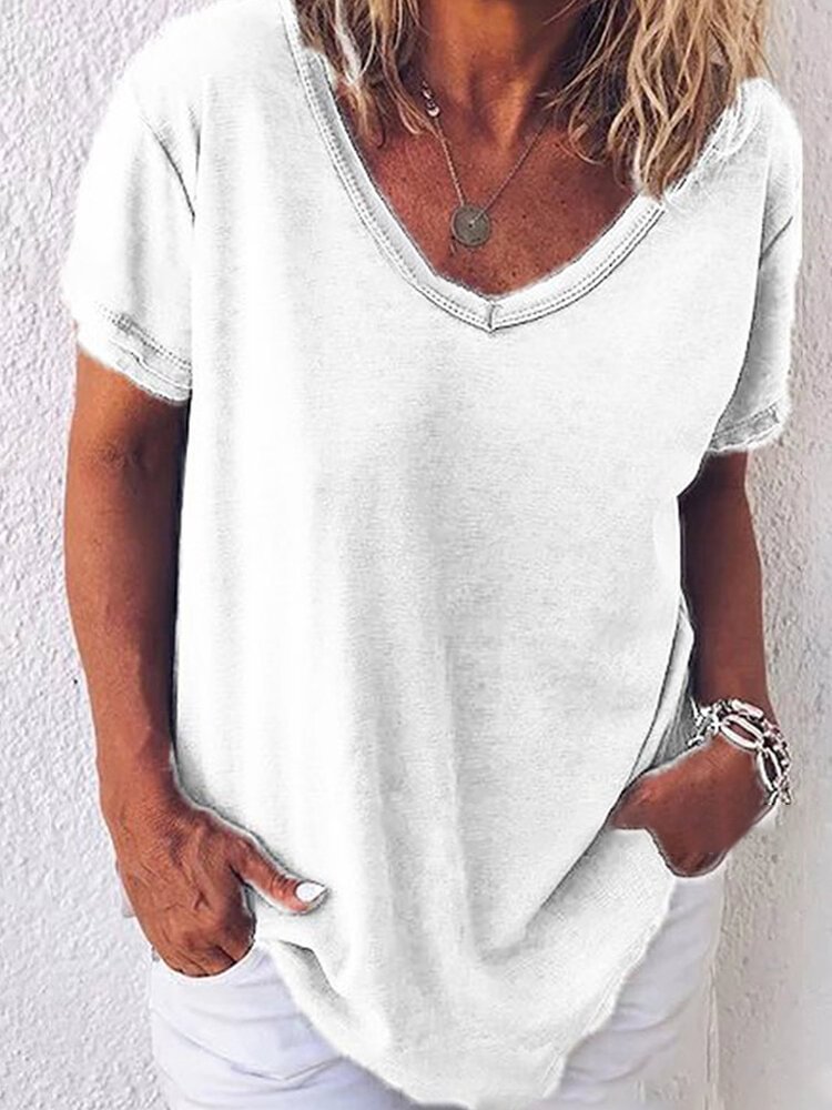 Solid Color V neck Short Sleeve Women's T shirt P1671009