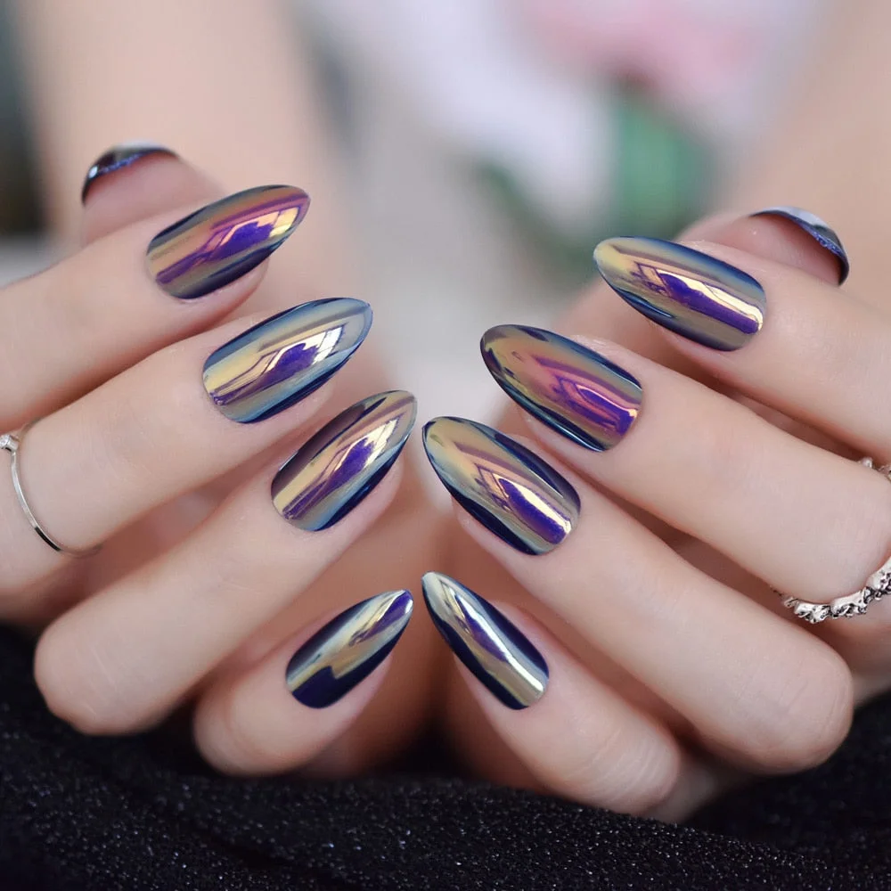 Quality Unicorn Chrome Fake Nails Gorgeous Yellow Blue Mirror Stiletto Full Cover Nail False with Adhesive Glue Sticker 24 Ct-Nail Inspo