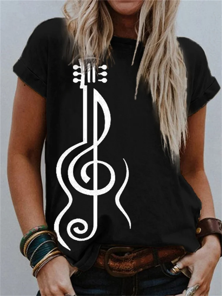 Treble Clef Guitar Line Art Crew Neck T Shirt