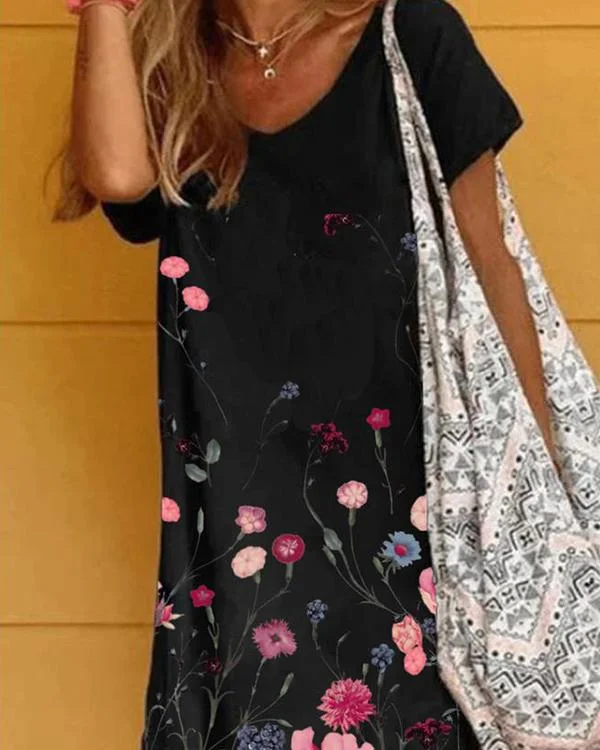 black short sleeve casual flower print dresses p176552