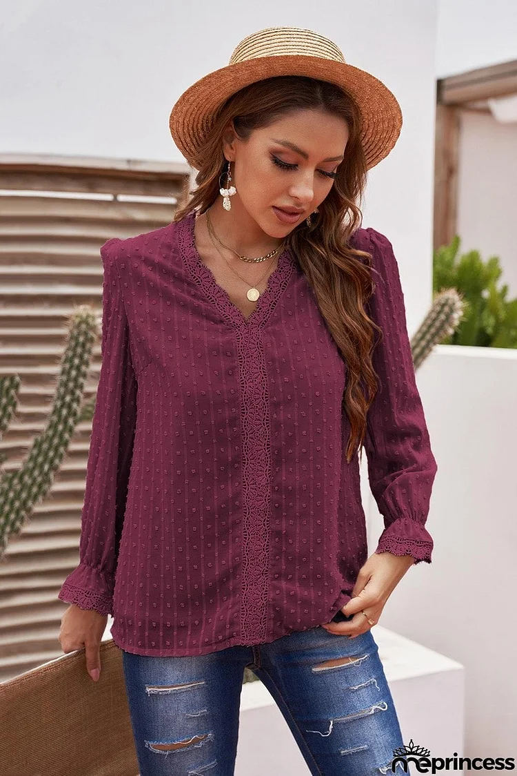 Swiss Dot Spliced Lace Flounce Sleeve Blouse