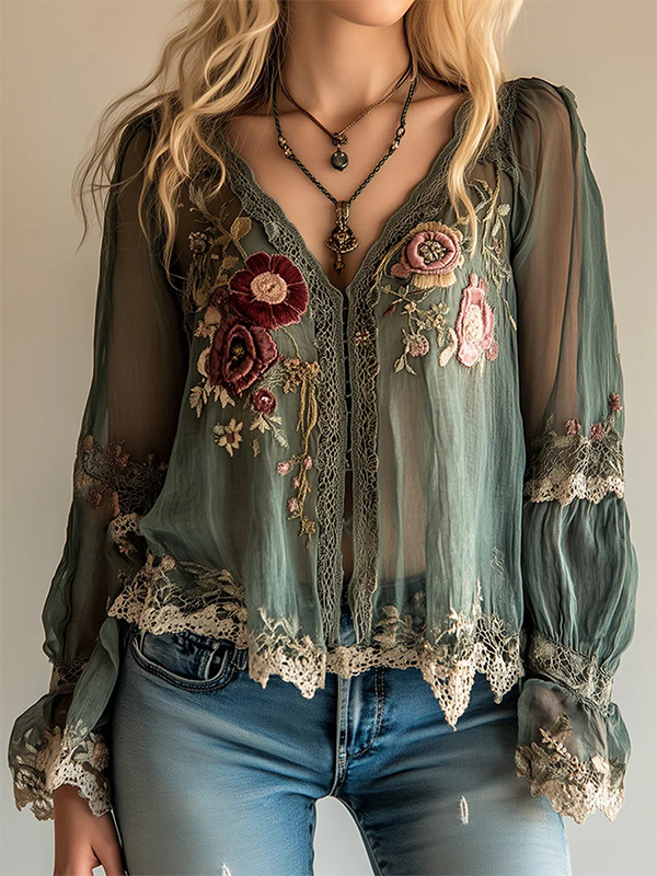 Floral Embroidery Semi Sheer V Neck Bohemian Vintage Shirt