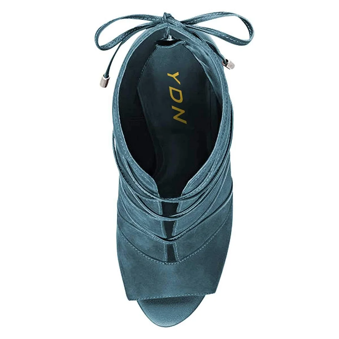 Turquoise Faux Suede Peep Toe Back-Zip Stiletto Heel Ankle Boots