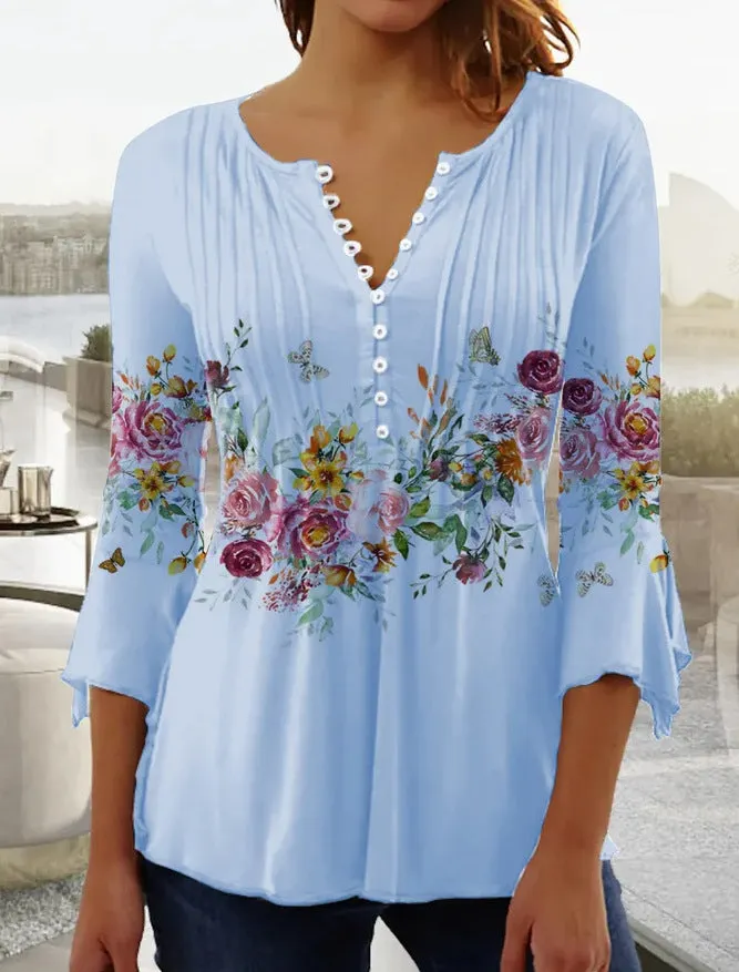 Brownm 3/4 Sleeves Printed Button Waist Blouses