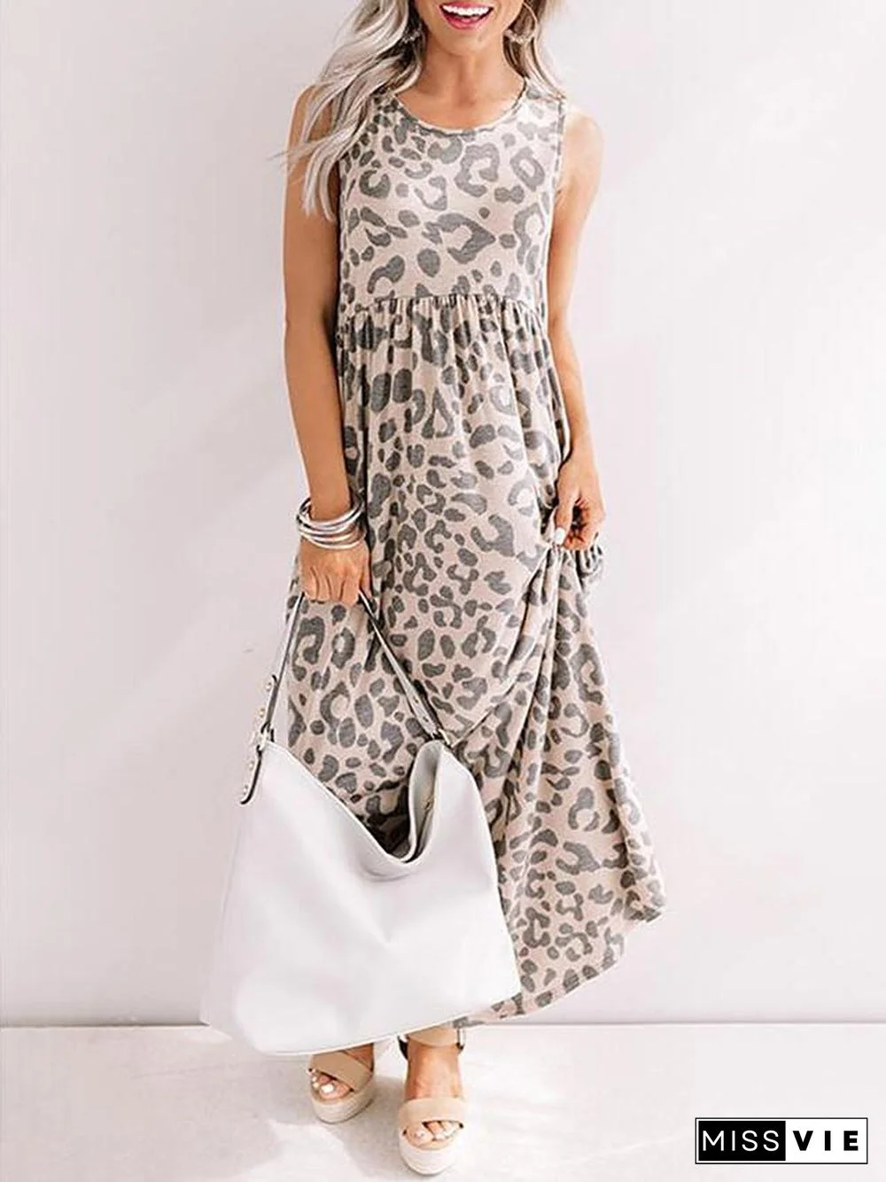 Women's Sheath Dress Maxi long Dress Sleeveless Leopard Print Summer Hot Casual Beige S M L XL