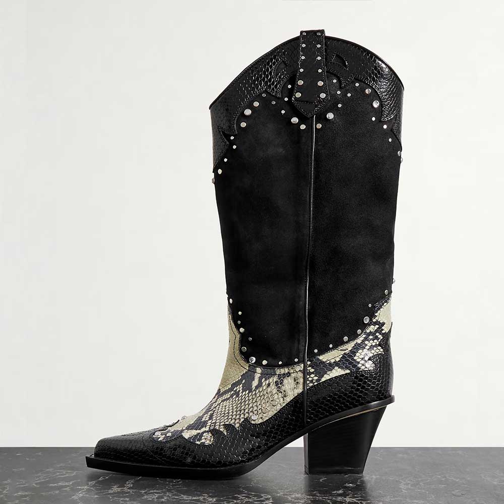 Black & Beige Python Studded Mid Calf Cowgirl Boots with Block Heel