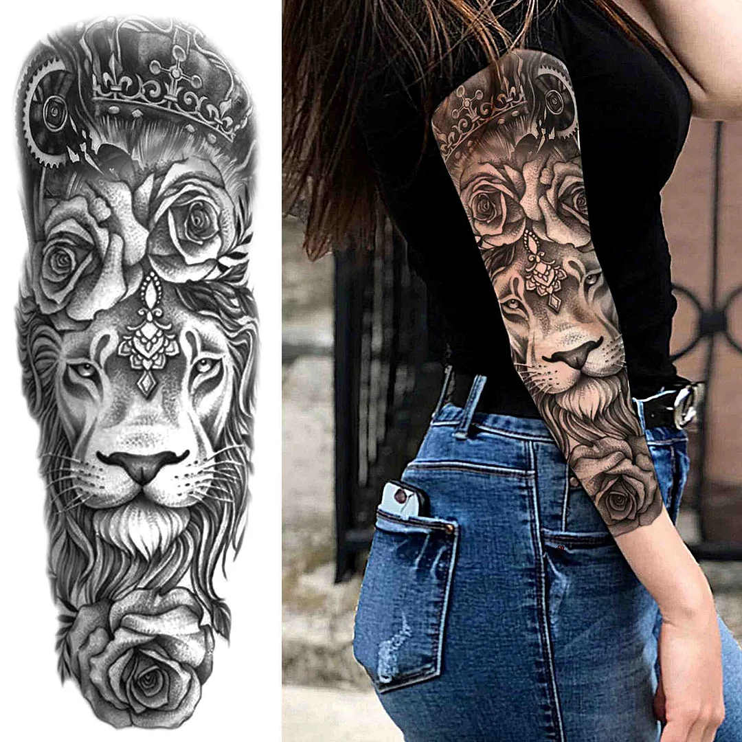 Sexy Girl Flower Temporary Tattoos For Women Men Black Lion Triangle Tattoo Sticker Fake Tribal Full Arm Sleeve Tatoos Paste 923
