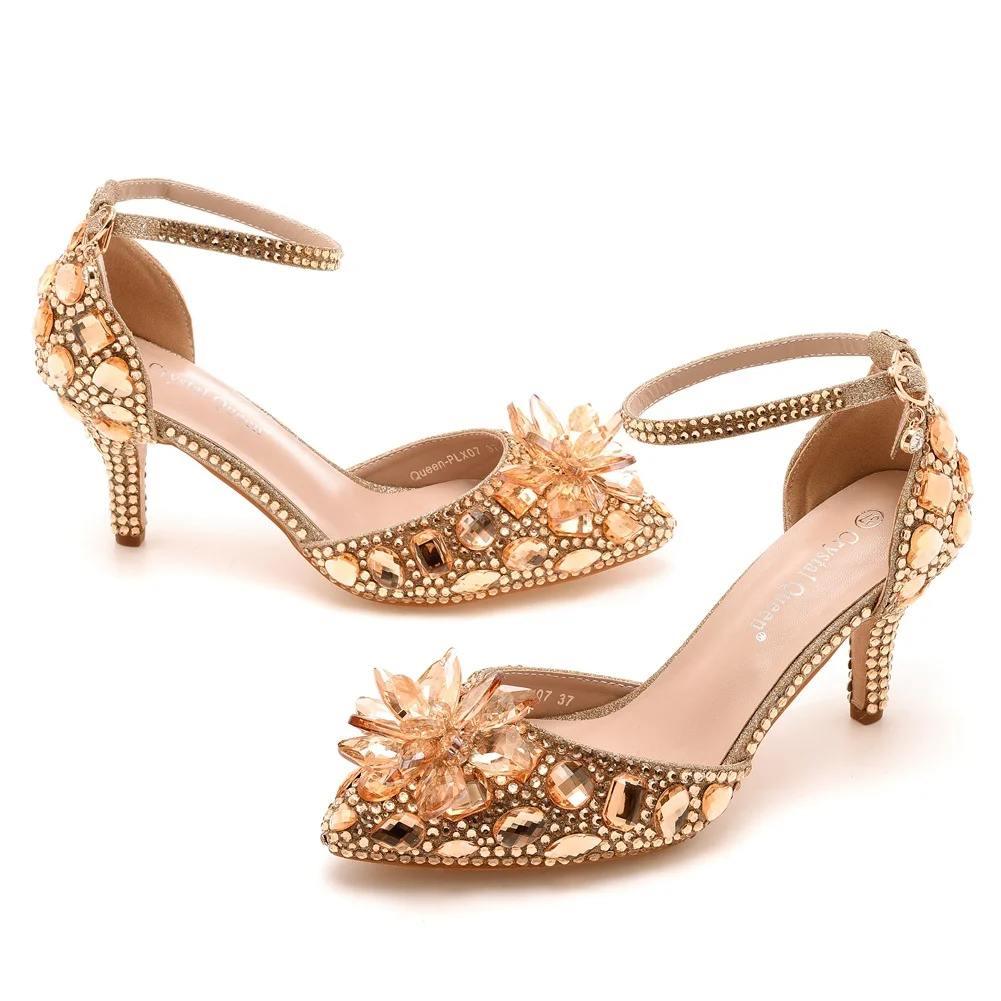 Breakj Breakj Cm Large-Size Sandals Fine Heel Head Crystal Glass High Heel Sandals Champagne Gold Banquet Dinner Women's Shoes