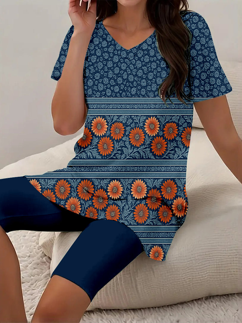 Women Long Sleeve V-neck Graphic Floral Printed Top