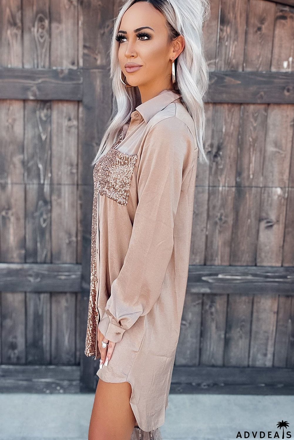 Sequin Splicing Pocket Buttoned Shirt Dress