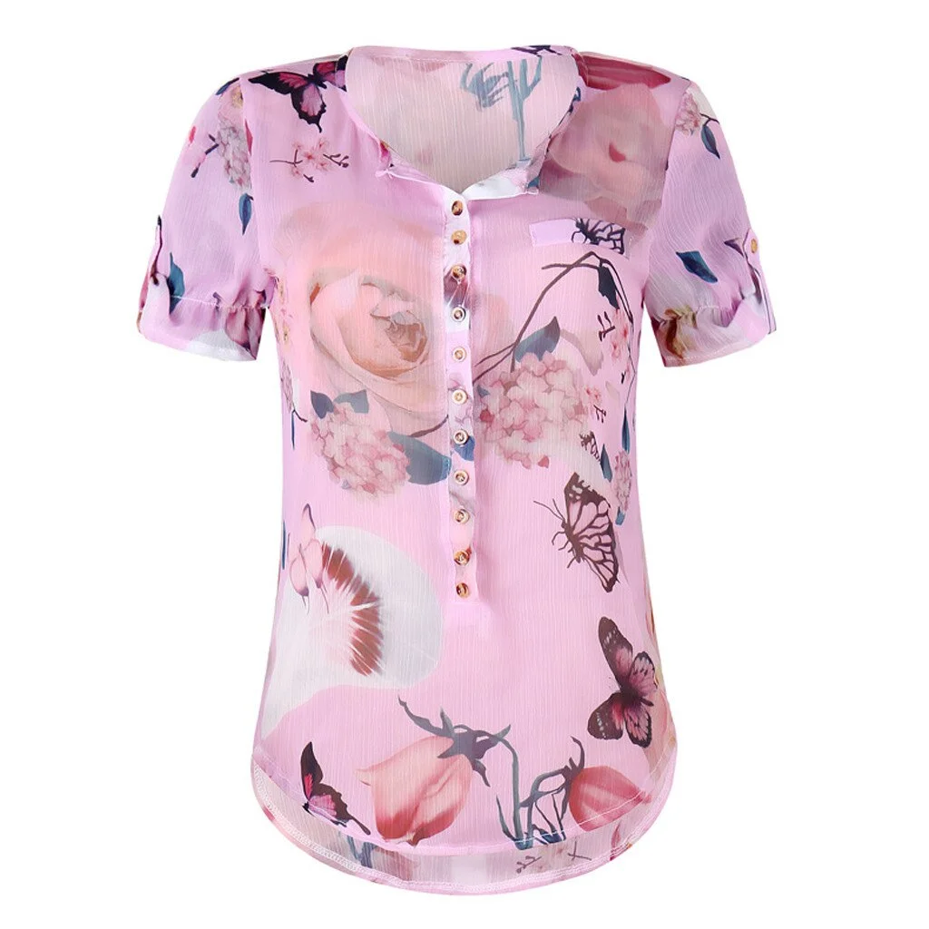 Summer 2019 Fashion Casual Button Chiffon Tops Blouse Printed Tee Top Female Womens Short Sleeve Shirt Blusas Femininas Clothing