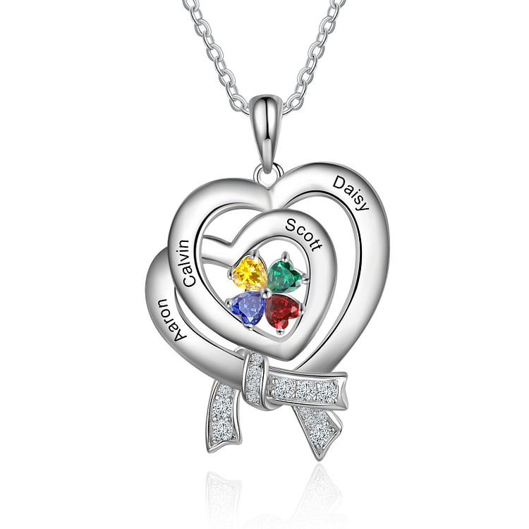 Collar con nombre de corazón de plata 925 4 nombres 4 piedras de nacimiento