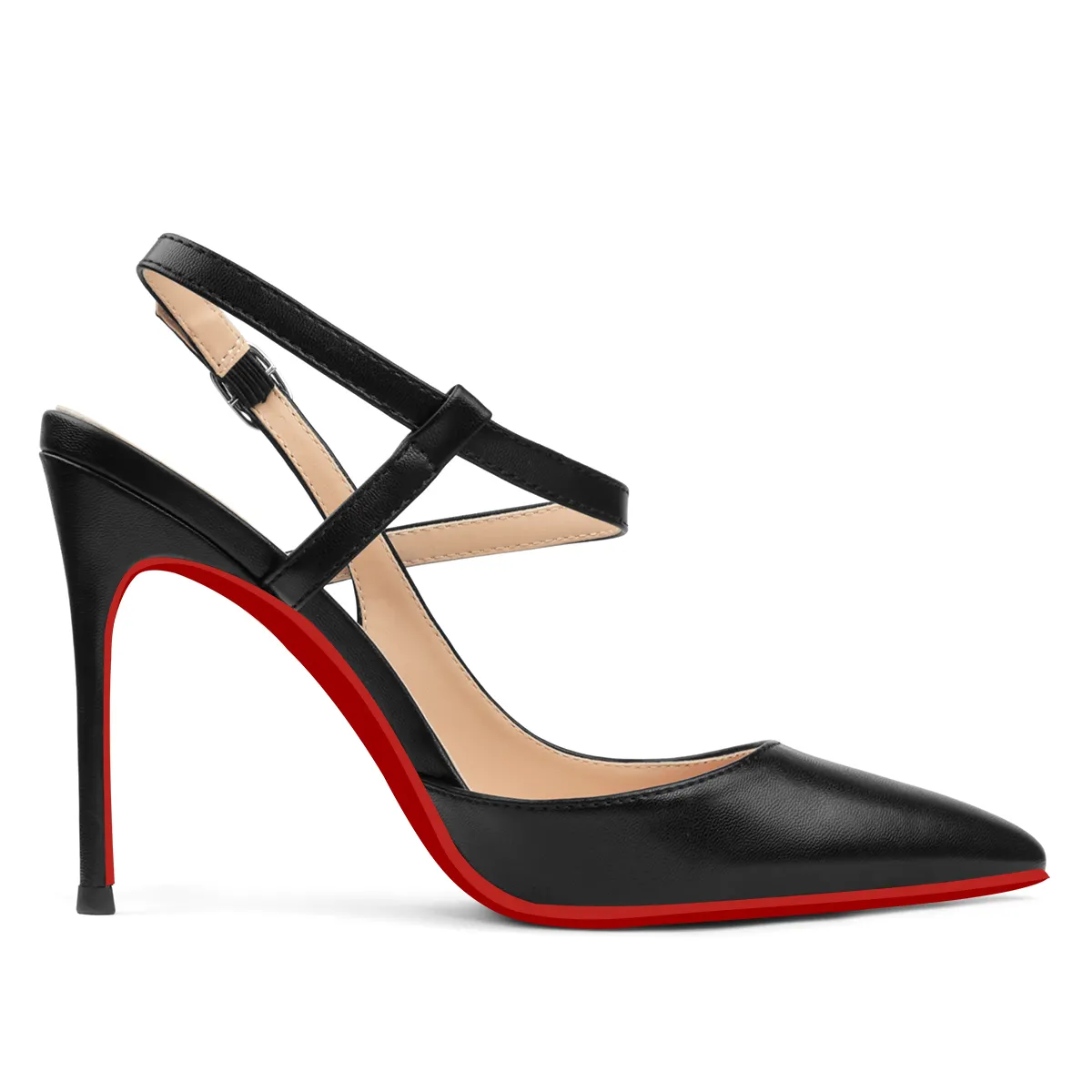 100mm Women Slingback Matte Pumps Ankle Strap Jenlove Stiletto Mid Heel Close Pointed Toe Dress Red Bottoms Shoes-vocosishoes